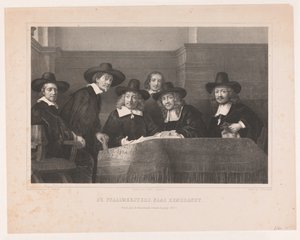 De Staalmeesters: Amsterdamin kangasvalmistajien killan näytemestarien (waardijns) korkeakoulu Staalmeesterit, Rembrandtin mukaan / Premium plate der Kunstkronijk, kuudestoista osa (1854) (nimi esineessä)