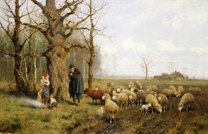 Lapset paimenen kanssa ja lampaat maisemassa (öljy kankaalle) tekijältä Adolf Ernst Meissner