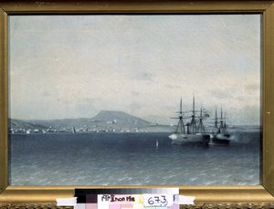 Venäjän-Turkin (Venäjä-Turkin) sota 1877-1878: ""Theodosian (tai Feodosian) kaupunki Krimillä, jota Turkin laivasto pommitti vuonna 1878" (Turkin laivasto pommitti Feodosian kaupunkia vuonna 1878) Adolfin maalaus Fessler (1826-1885) 1878 osavaltio Tretjako tekijältä Adolf Fessler