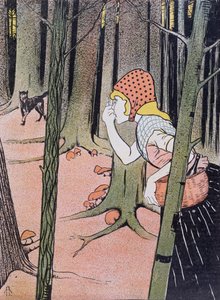 Punahilkka näkee suden metsässä, kuva Jugendista, joka julkaistiin Münchenissä 1896 tekijältä Adolf Hofer