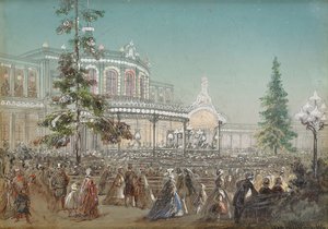 ""Tsarskoe Selo Railroadin 25-vuotisjuhla Pavlovskin rautatieaseman konserttisalissa"", kirjoittanut Adolf Charlemagne (1826-1901), guassi pahville