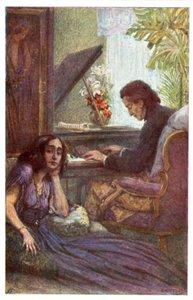 Muusikko ja säveltäjä Frederic Chopin, George Sandin kanssa Adolf Karpellus (värilito) tekijältä Adolf Karpellus
