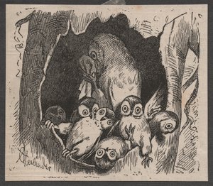 Pöllö ja poikaset, n. 1890 (pikapainatus) tekijältä Adolf Oberländer