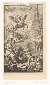 Allegorinen kohtaus, jossa nainen kirjoittaa, rintakuvat, Pegasus ja Apollo Nimisivu: Cornelis Sweerts, Runolliset symbolit, 1736