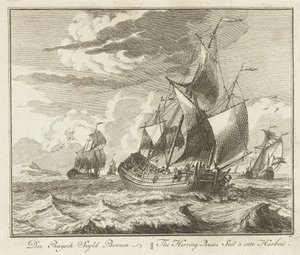 Silakkaputki purjehtii kotiin, n. 1725 Den Buysch Seyld Binnen / Herring Busse purjehtii Barbouhun (otsikko esineessä) Groote Vissery (sarjan nimi)