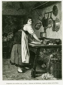 Nuudelin valmistus. Hildibrandin kaiverrus havainnollistamaan tarinaa A läpi Alsacen ja Lorraine, vuonna 1887, Charles Grad, saksalainen deputer, tour du monde 1888, ohjaaja Edouard Charton (1807-1890), Hachette, Pariisi. tekijältä Adolf von Hildebrand