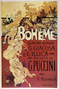 Adolfo Hohensteinin La Bohème -juliste Giacomo Puccinin oopperan ensi-iltaa varten Teatro Regio di Torinossa, 1.2.1896.