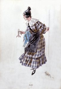 Mimin hahmon puku Giacomo Puccinin (1858-1924) oopperaan "La Boheme". Adolfo Hohensteinin vesiväri.