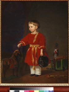 ""Pojan muotokuva punaisessa mekossa sotilasleluineen" Adolf Jebensin (1819-1888) maalaus 1849 Taide- ja pedagoginen lelumuseo, Sergiyev Posad tekijältä Adolph Gebens