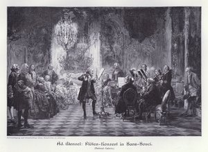 Huilukonsertti Sanssoucin palatsissa, Potsdam, Preussi (kaiverrus) tekijältä Adolph Friedrich Erdmann von (after) Menzel