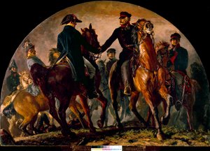 Gebhard Leberecht von Blucherin (1742-1819) ja Arthur Wellesley Wellingtonin (1769-1852) tapaaminen La Belle Alliancen taistelussa (1815). Adolf Menzelin (1815-1905) maalaus Ec. Kaikki tekijältä Adolph Menzel