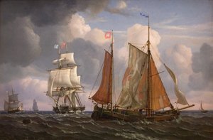 Laivat purjehtivat ja lyövät tuulta vastaan Soundissa tekijältä Adolph Friedrich Vollmer