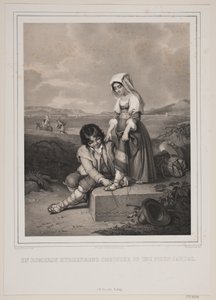 Rooman paimenpoika sitoo nuoren tytön sandaalit. tekijältä Johan Adolph Kittendorff