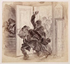 Ruprechtin pahoinpitelemä Adam ryntää ulos oikeussalista, Eve ja muut seuraavat tapahtumaa taustalla; Heinrich von Kleistin teoksen ”Der zerbrochene Krug” mukaan tekijältä Adolph Menzel