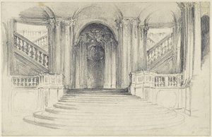Dresdenin Zwingerin Wallpavillonin pihaan johtava portaikko tekijältä Adolph Menzel