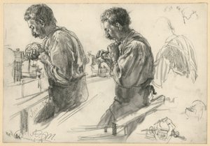 Sorvaaja työpöydän ääressä, kaksi luonnosta ja yksityiskohtia tekijältä Adolph Menzel