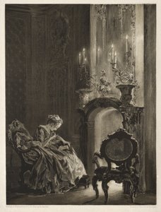 Essee kivestä harjalla ja kaavin: Nainen lukemassa takkarajaa, 1851. tekijältä Adolph Menzel