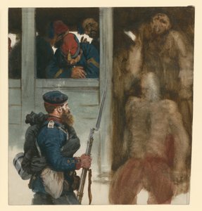 Ranskalainen vankikuljetus rautatievaunuissa, edessä preussilainen jalkaväkisotilas, kohtaus vuoden 1870 sodasta tekijältä Adolph Menzel