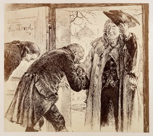 Tuomari Walter astuu ovesta sisään oikealta, nostaen ystävällisesti hattuaan, ja Adam ja Licht tervehtivät häntä kunnioittavasti. Heinrich von Kleistin teoksesta ”Rikkoutunut kannu” tekijältä Adolph Menzel