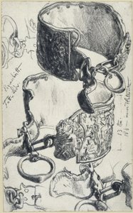 1700-luvun ”jättiläisen” koiran kaulapanta kahdessa näkymässä ja yksityiskohtaisina piirroksina, Historiallinen museo, Dresden tekijältä Adolph Menzel