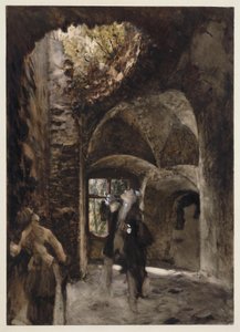 Raunioissa eräs herra ja eräs rouva seisovat portaikon tasanteella ja katsovat ylöspäin kohti suurta aukkoa holvissa tekijältä Adolph Menzel