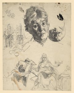 Vanhemman naisen pää, jossa leuka toistuu, arkkitehtuuriluonnos, allegoriaa kuvaava hahmoluonnos tekijältä Adolph Menzel