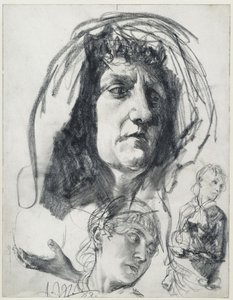 Vanhemman naisen pää, jossa on huivi; nuoremman naisen luonnokset, joissa on melonihattu. ”Piazza d’Erbe” -teoksen malliluonnokset tekijältä Adolph Menzel