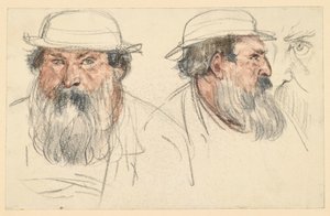 Parrakkaan miehen pää kahdessa luonnoksessa tekijältä Adolph Menzel