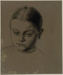 Tytön pää edestäpäin, pää hieman kumartuneena, korvakoru tekijältä Adolph Menzel