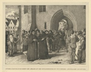 Martin Luther kiinnitti 31. lokakuuta 1517 95 teesiään aneista Wittenbergin linnan kirkkoon tekijältä Adolph Menzel