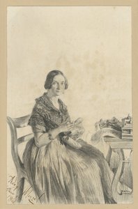 Pauline Martini, o.s. Dambke, istuu pöydän ääressä, katse suunnattuna katsojaan tekijältä Adolph Menzel