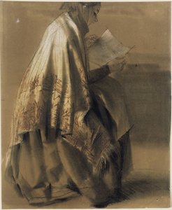 Istuva, lukeva nainen, jolla on yllään väljä huivi tekijältä Adolph Menzel