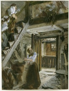 Maalaistalon portaikko, jossa on figuratiivisia koristeita tekijältä Adolph Menzel
