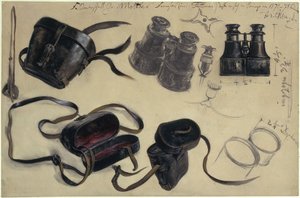 Tutkimus kenttämarsalkka kreivi von Moltken kiikareista, kotelo ja yksityiskohdat, mukana muistiinpanoja tekijältä Adolph Menzel