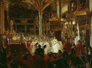 Vilhelm I:n kruunaus Preussin kuninkaaksi Königsbergin linnassa 1861, 1861. tekijältä Adolph Menzel