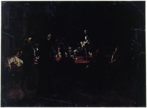 Juoppoja suuren pöydän ympärillä ja laulaja tekijältä Adolph Menzel