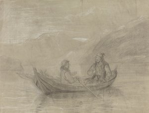 Kaksi kalastajaa veneessä tekijältä Adolph Tidemand