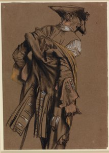 Taiteilijan malli, takaapäin katsottuna, pukemassa päälleen 1700-luvun univormua. tekijältä Adolph Menzel