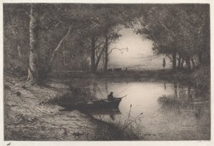 Kalastaja metsäisessä lammikossa illalla tekijältä Adolphe Appian