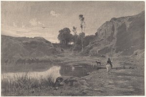 Ratsastaja vuoristolammen rannalla auringonlaskun aikaan tekijältä Adolphe Appian