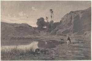 Ratsastaja vuoristolammen rannalla auringonlaskun aikaan