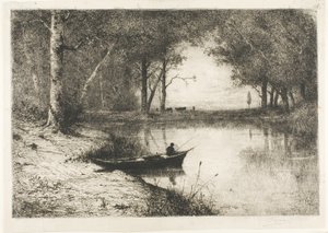 Kalastaja veneessä joenvarrella