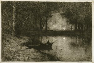 Kalastaja soutuveneessä, joen reunalla