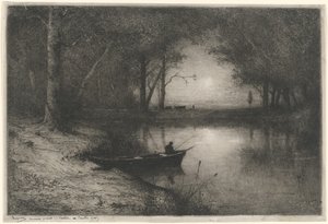 Kalastaja kanootissa, joen reunalla (Kalastaja veneessä) tekijältä Adolphe Appian