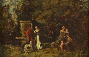Tyylikkäitä hahmoja Woodland Gladessa, n. 1860-80 (öljy paneelille) tekijältä Adolphe Joseph Thomas Monticelli