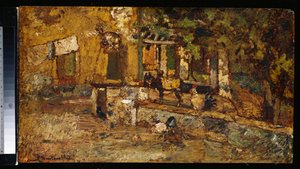 Maatilapiha aasin ja kukon kanssa tekijältä Adolphe Joseph Thomas Monticelli