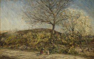 Maisema kukkivan hedelmätarhan kanssa tekijältä Adolphe Joseph Thomas Monticelli