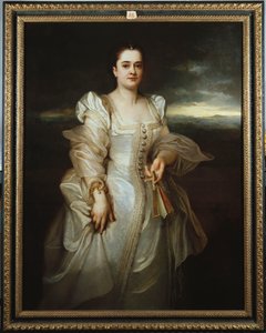 Muotokuva naisesta, jolla on valkoinen mekko, jossa on kirjailtu helmillä tekijältä Adolphe Joseph Thomas Monticelli