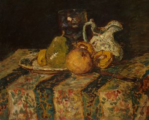 Asetelma hedelmä- ja viinikannulla tekijältä Adolphe Joseph Thomas Monticelli
