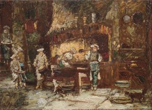 Rôtisserie des Deux Paonsin keittiö, noin 1875-81 (öljy puupaneelille) tekijältä Adolphe Joseph Thomas Monticelli